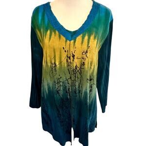 Parsley & Sage Funky Lagenlook Top Size Medium Turquoise Chartreuse Artsy Ombre
